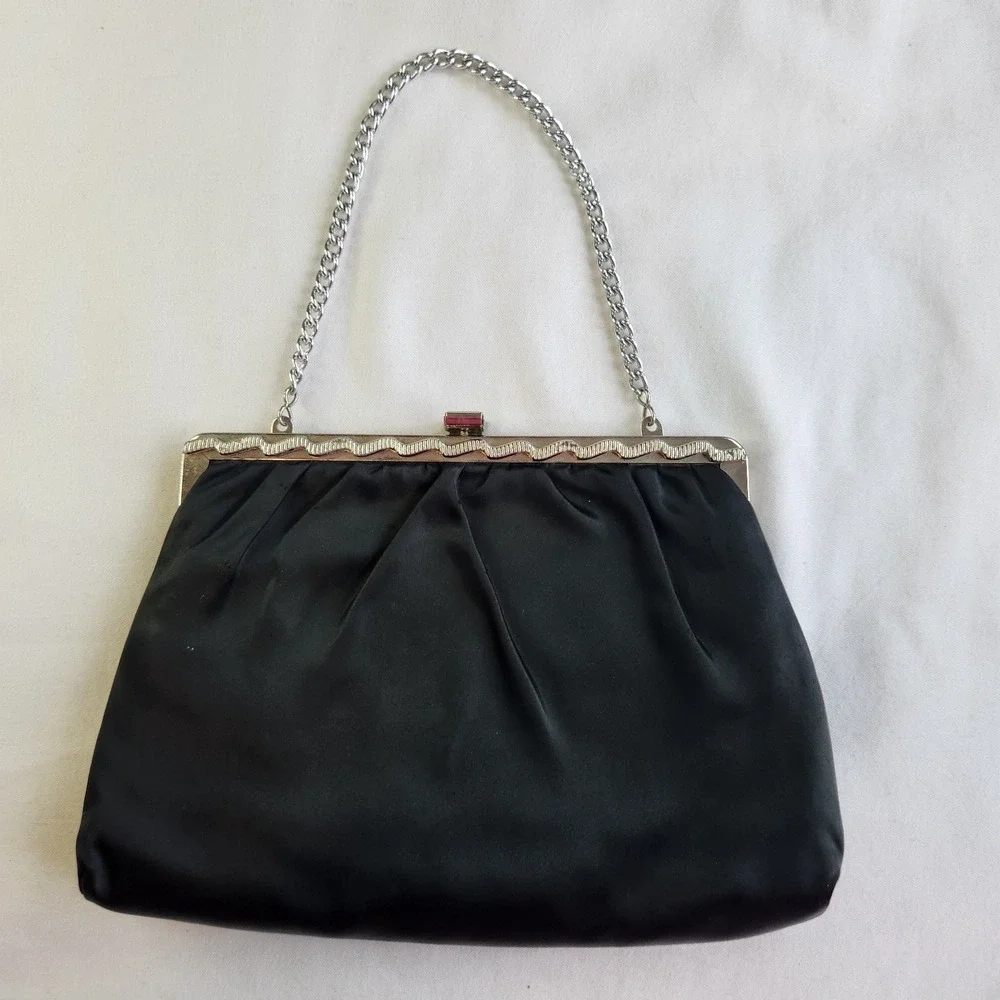 Vintage Satin Classic‎ Clutch Purse Decorative Art Deco Black